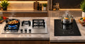 Split-screen comparison of a gas hob with blue flame and an electric hot plate on a modern Pakistani kitchen countertop