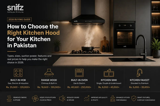Buying guide comparing wall-mount, island and corner kitchen range hoods in Pakistan by Snifz World