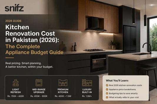 Modern Pakistani kitchen renovation with built-in hob, range hood and oven by Snifz World