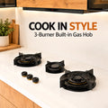 Magic Stove 3 burner built-in gas stove installed on white marble kitchen countertop