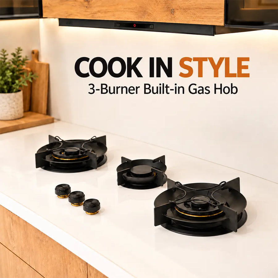 Magic Stove 3 burner built-in gas stove installed on white marble kitchen countertop
