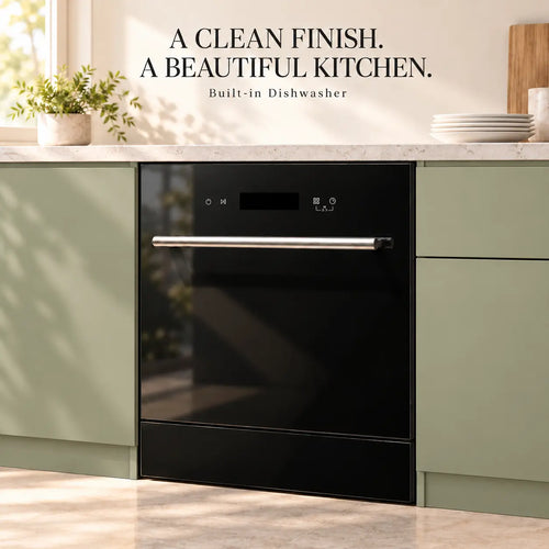 Snifz DW-12 built in dishwasher with black finish installed under the counter in a modern kitchen
