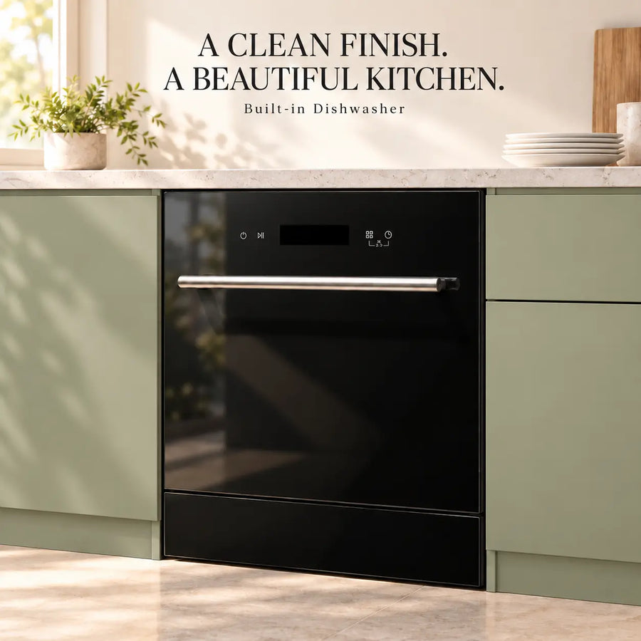 Snifz DW-12 built in dishwasher with black finish installed under the counter in a modern kitchen
