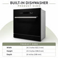 Snifz DW-12 built in dishwasher product size chart with width, height and depth in inches and mm
