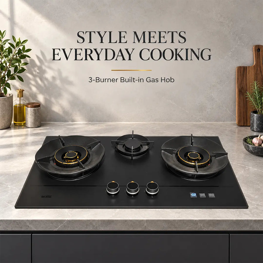 Snifz Hob SZ-750-W 3 burner black glass gas hob installed on a modern kitchen countertop