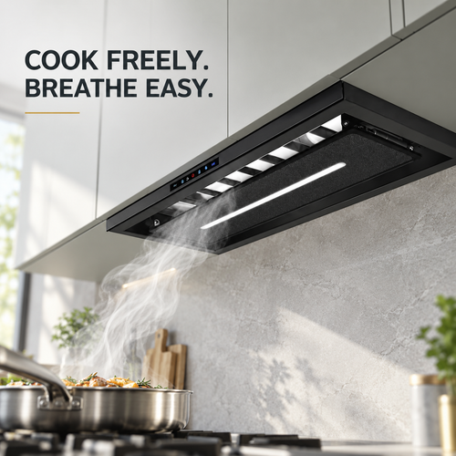 Snifz Magic 12 hidden chimney range hood installed under cabinet in a modern kitchen