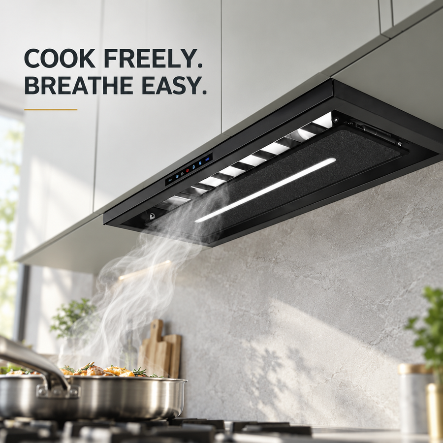Snifz Magic 12 hidden chimney range hood installed under cabinet in a modern kitchen