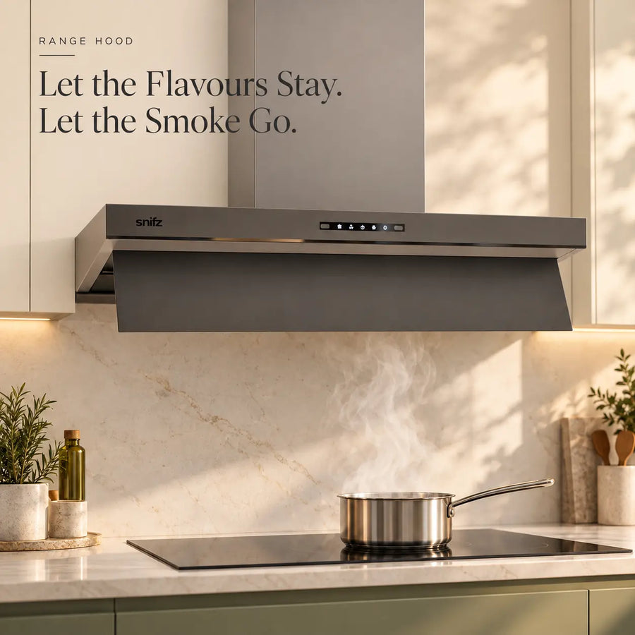 Snifz Twin 11 grey range hood installed above a kitchen cooktop