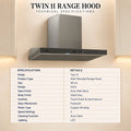 Snifz Twin 11 90cm range hood showing touch control, hand sensor and auto-clean features