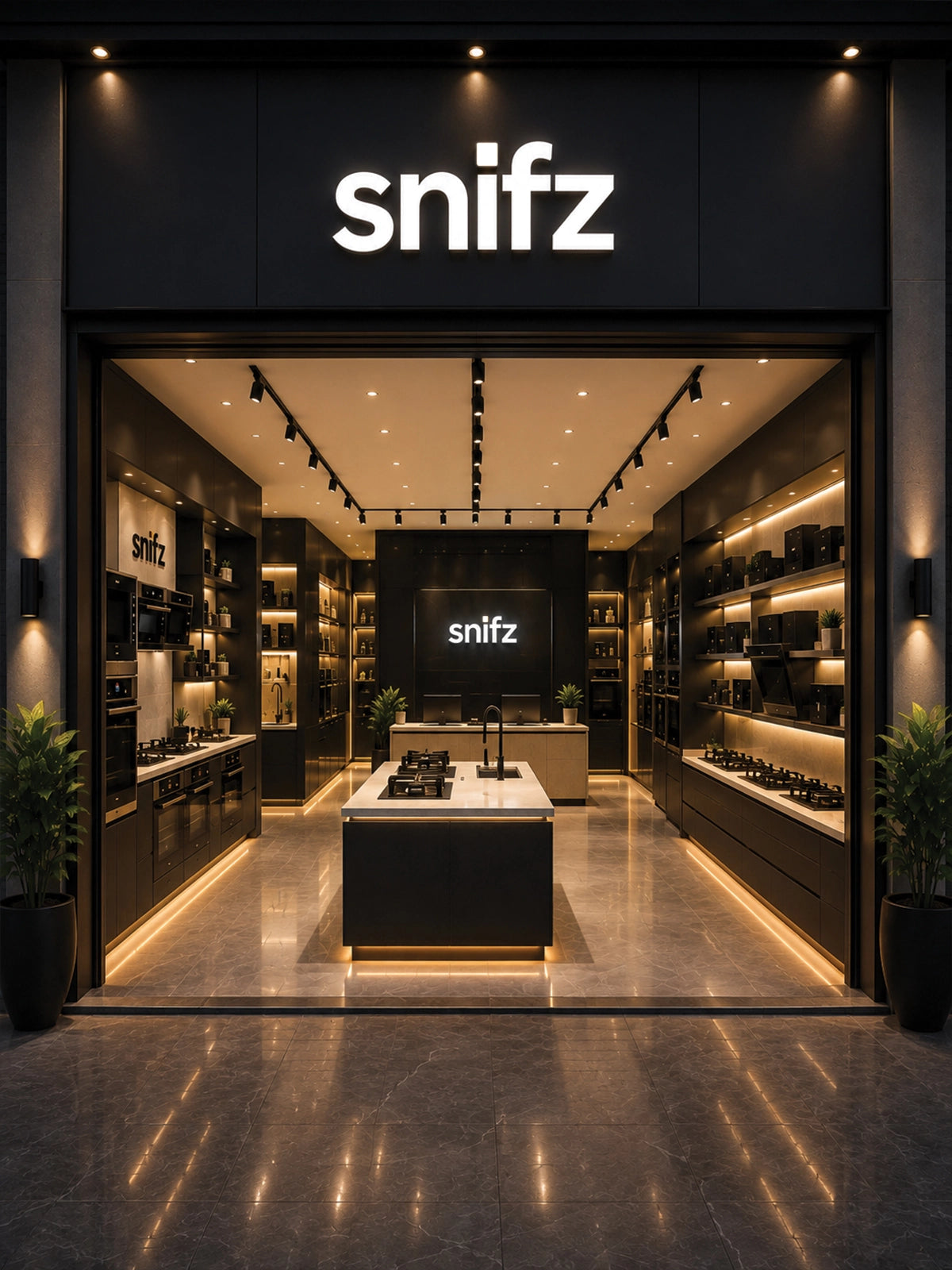 A modern Snifz appliance showroom with a dark wood and black interior, featuring a central island, illuminated shelving, and a large white 'snifz' logo on the black facade above the entrance.